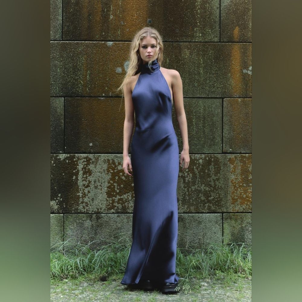 Zara Elegant Navy Blue Satin Dress